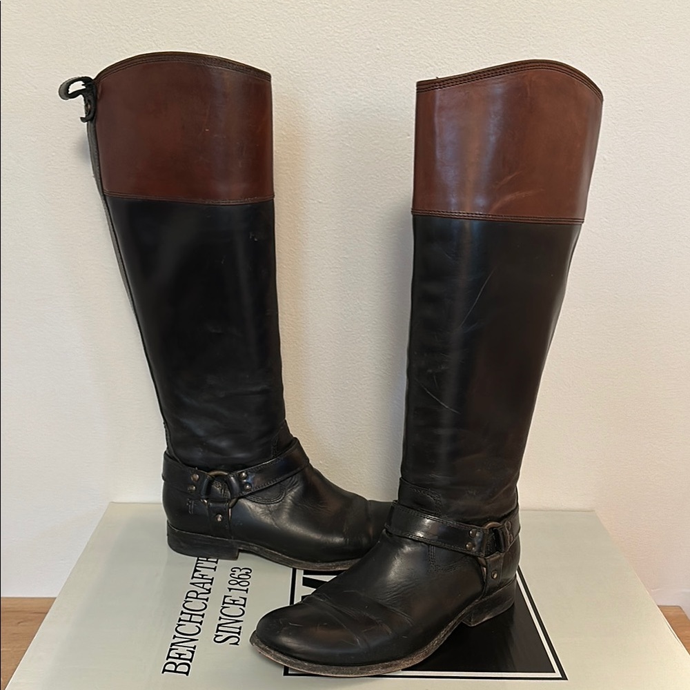 Frye Melissa Harness Inside Zip Black and Brown Riding Boots Western Cowboy